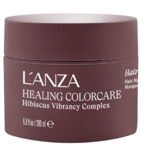 A maroon jar labeled “L’ANZA Healing ColorCare Hibiscus Vibrancy Complex Color Care Masque,” containing 200 ml (6.8 fl oz) of product. | Blush Salon Collective - Fargo, ND