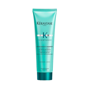 A teal tube of Kerastase Resistance Extentioniste Thermique hair heat protector leave-in treatment is shown standing upright on a white background. | Blush Salon Collective - Fargo, ND