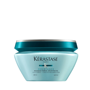 A turquoise 200 ml jar of Kérastase Resistance Masque Force Architecte hair mask with a silver lid, shown against a white background. | Blush Salon Collective - Fargo, ND