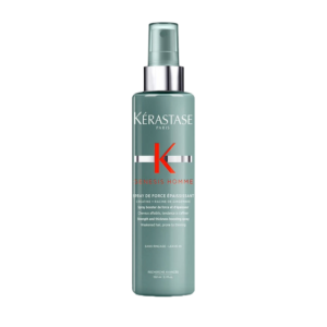 A green spray bottle of Kérastase Genesis Homme Spray Force Epaississant Strength and Thickness Boosting Spray for weakened or thinning hair, 150 ml size, with a silver pump top. | Blush Salon Collective - Fargo, ND