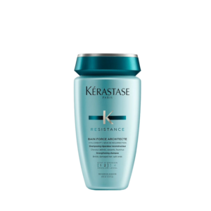 A turquoise 250ml bottle of Kérastase Resistance Bain Force Architecte hair strengthening shampoo with a dark teal cap, shown against a plain white background. | Blush Salon Collective - Fargo, ND