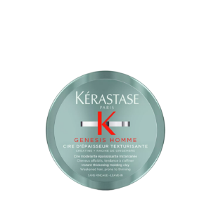 Round metallic tin of Kérastase Genesis Homme Cire d’Epaisseur hair thickening clay, labeled in French and English, designed for weakened hair prone to thinning and perfect for Homme hair styling. | Blush Salon Collective - Fargo, ND