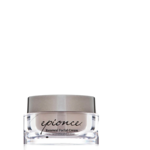 A clear jar of Epionce Renewal Facial Cream with a gray lid is centered on a white background, highlighting the luxurious texture of the Renewal Facial Cream. | Blush Salon Collective - Fargo, ND