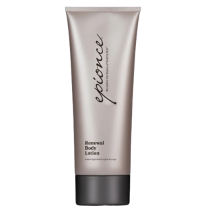 A tube of Epionce Renewal Body Lotion stands upright against a plain white background. The metallic beige tube features the signature black text and a black cap, perfectly showcasing the sleek design of the Renewal Body Lotion. | Blush Salon Collective - Fargo, ND