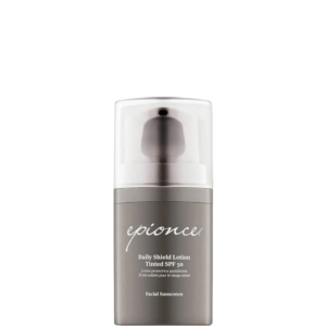 A bottle of Epionce Daily Shield Tinted SPF 50 facial sunscreen with a pump dispenser, shown against a white background. | Blush Salon Collective - Fargo, ND