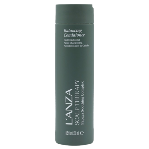 A gray 250 ml bottle of L’ANZA Scalp Therapy Balancing Conditioner with papaya soothing complex, a specialized scalp conditioner, standing upright against a white background. | Blush Salon Collective - Fargo, ND