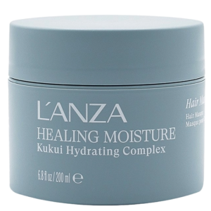 A light blue jar labeled “L’ANZA Healing Moisture Kukui Hydrating Complex” Hair Masque, 6.8 fl oz / 200 ml, designed to deliver deep moisture and nourishment to hair, shown against a white background. | Blush Salon Collective - Fargo, ND