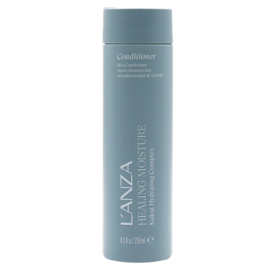 A light blue bottle of L’ANZA Healing Moisture Conditioner Kukui Nut hydrating conditioner, 8.5 fl oz (250 ml), standing upright against a plain white background. | Blush Salon Collective - Fargo, ND