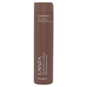 A brown 250 ml bottle of L’ANZA Healing Curls Butter Conditioner with white text and a cylindrical shape, shown against a plain background. | Blush Salon Collective - Fargo, ND