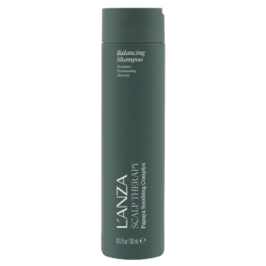A green bottle of L’ANZA Scalp Therapy Balancing Shampoo with white text, containing 300 ml. This scalp shampoo features a cylindrical shape and a flat, matching green cap. | Blush Salon Collective - Fargo, ND