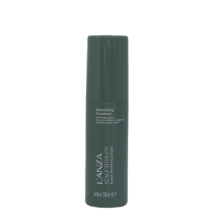 A dark green bottle of L’ANZA Scalp Therapy Stimulating Treatment, 3.4 fl oz, stands upright against a plain white background, highlighting this nourishing scalp treatment. | Blush Salon Collective - Fargo, ND