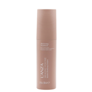 A beige 100 ml bottle of L’ANZA Healing Volume Thickening Treatment Spray with white text, shown on a plain white background. | Blush Salon Collective - Fargo, ND