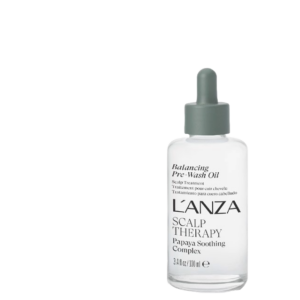 A clear bottle of L’ANZA Scalp Therapy Balancing Pre-Wash Oil, a nourishing scalp oil with a gray dropper cap, is shown against a plain white background. | Blush Salon Collective - Fargo, ND