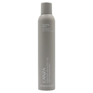 A tall, gray cylinder bottle of Lanza Keratin Healing Oil Finishing Spray is shown against a plain white background, highlighting the sleek design and premium quality of this essential finishing spray. | Blush Salon Collective - Fargo, ND