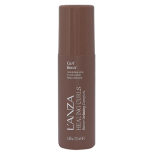 A brown 177 ml bottle of L’ANZA Healing Curls Butter Detailing Complex Curl Boost hair styling spray, perfect for enhancing and defining curls, standing upright. | Blush Salon Collective - Fargo, ND