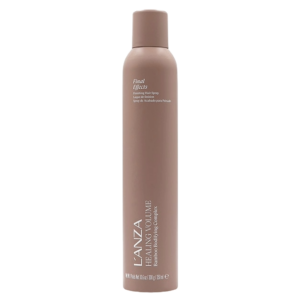 A tall, cylindrical bottle of L’ANZA Healing Volume Final Effects Hairspray with a matte brown finish and white text, perfect for hair styling, stands upright against a plain white background. | Blush Salon Collective - Fargo, ND