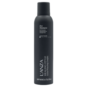 A black cylindrical bottle of L’ANZA Healing Style Dry Shampoo with white text, standing upright against a plain white background. | Blush Salon Collective - Fargo, ND