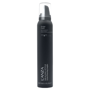 A black bottle of L’ANZA Healing Style Design Foam mousse with a clear plastic cap, shown against a plain white background. | Blush Salon Collective - Fargo, ND