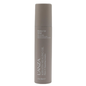 A gray bottle of Lanza Keratin Healing Oil Bounce Up Spray with white text, labeled clearly as Bounce Up Spray, stands upright on a plain background. | Blush Salon Collective - Fargo, ND