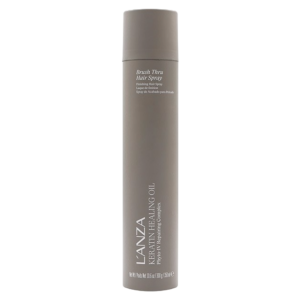 A tall, cylindrical bottle of L’ANZA Keratin Healing Oil Brush Thru Hairspray with a matte taupe finish and white text on the front, this essential hairspray is perfect for versatile hair styling. | Blush Salon Collective - Fargo, ND
