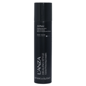 A black cylindrical can of L’ANZA Healing Style AirPaste Finishing Hair Spray, 105g, with white text and a cap. | Blush Salon Collective - Fargo, ND
