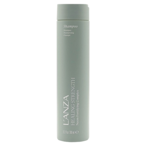 A tall, light gray bottle of L’ANZA Healing Strength Shampoo with white text and a matching cap, 300 ml size, stands upright. | Blush Salon Collective - Fargo, ND