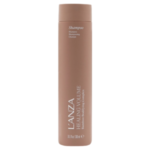 A brown bottle of L’ANZA Healing Volume Shampoo, 300 ml size, with white text on the front and a flat, round cap offers a sleek presentation for this volumizing formula. | Blush Salon Collective - Fargo, ND