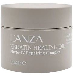 A beige jar labeled “L’ANZA Keratin Healing Oil Phyto-IV Repairing Complex” containing 7.1 ounces (210 ml) of intensive Hair Masque treatment product. | Blush Salon Collective - Fargo, ND