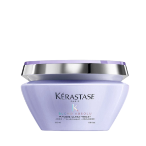 A lavender jar of Kérastase Blond Absolu Masque Ultra-Violet hair mask, 200 ml, with a silver and lavender lid, shown against a plain white background. | Blush Salon Collective - Fargo, ND