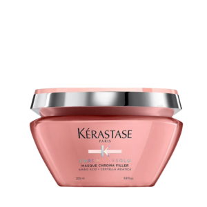 A pink jar of Kérastase Chroma Absolu Masque Chroma Filler hair mask with a silver lid, labeled as containing amino acid and centella asiatica, 200 ml size. | Blush Salon Collective - Fargo, ND